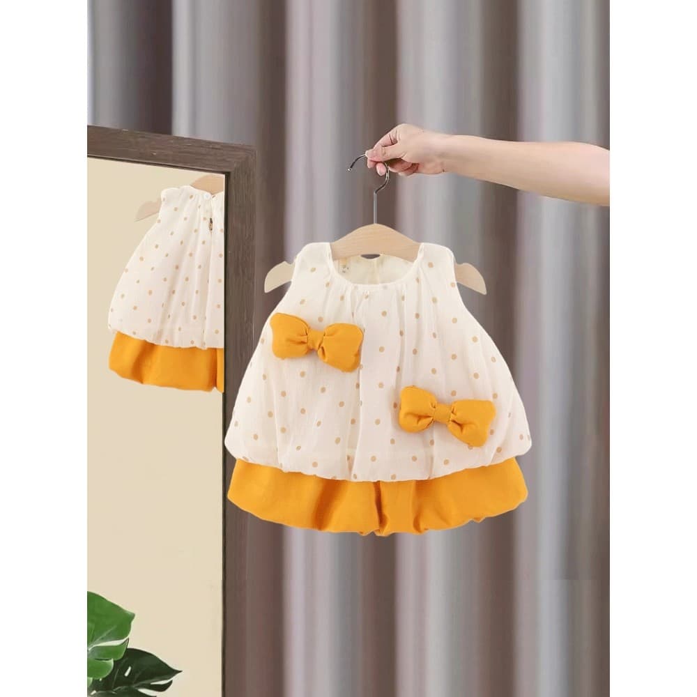Meninas verão bolinhas arco terno 2026 novo estilo verão bebê moda sem mangas Shorts casuais terno de duas peças