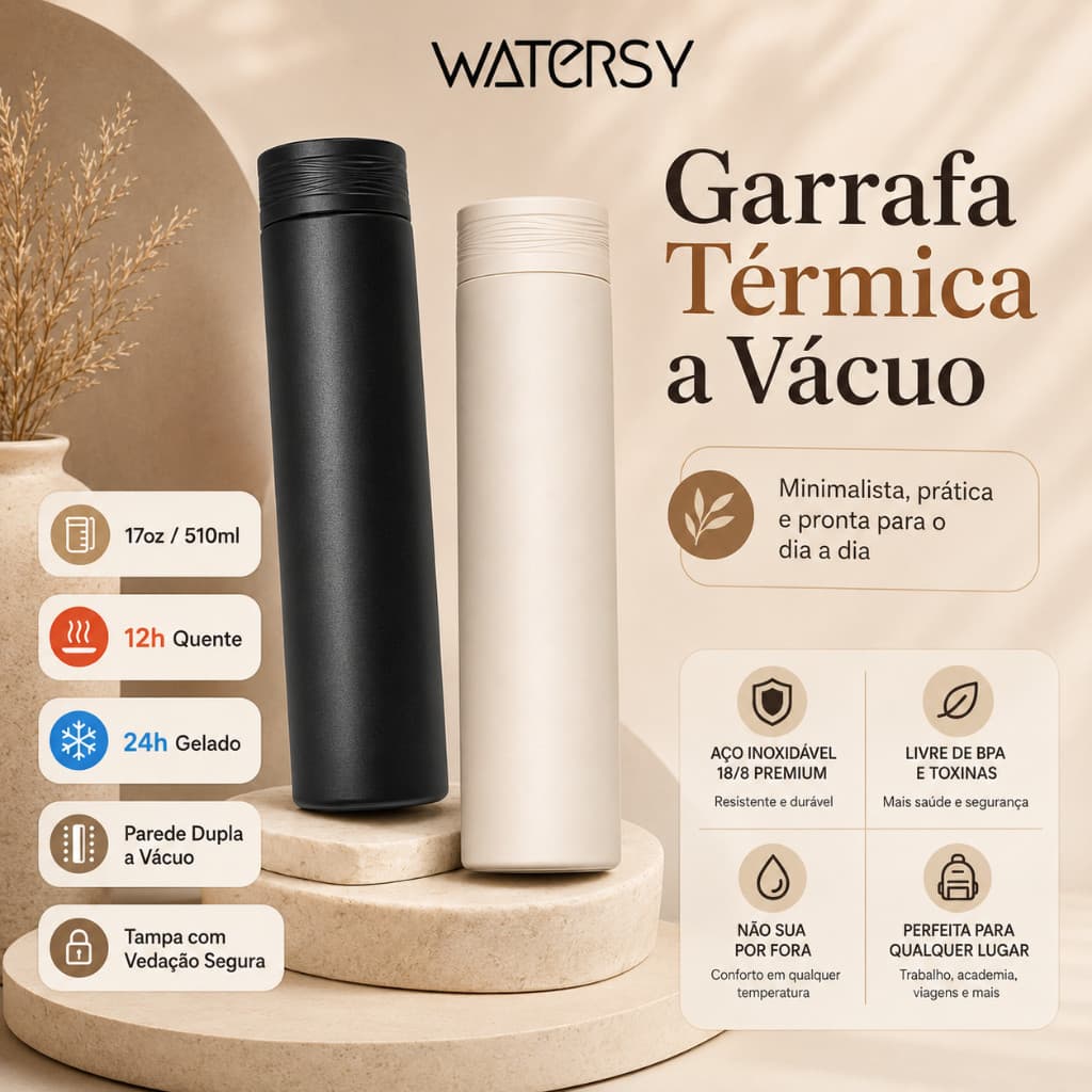 Watersy Garrafa Térmica 17oz/510ml a Vácuo Inox 18/8 Antivazamento Portátil para Café Chá Água