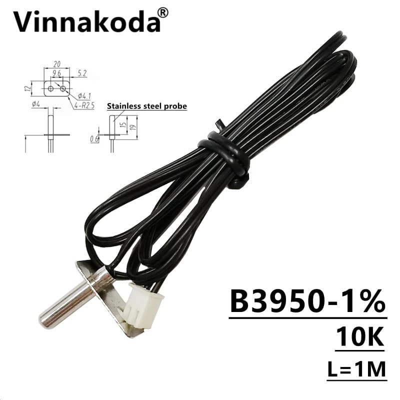 Sensor de temperatura NTC B3950 10K 4*20mm com sonda de aço inoxidável, defletor e furo de fixação M4, 1 metro