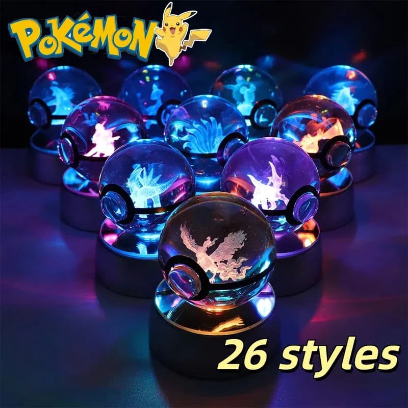 Bola de Cristal 3D Pokémon Pikachu Gengar Eevee Mewtwo Anime Jogo Pokeball Luz Noturna LED com Base Presente de Aniversá