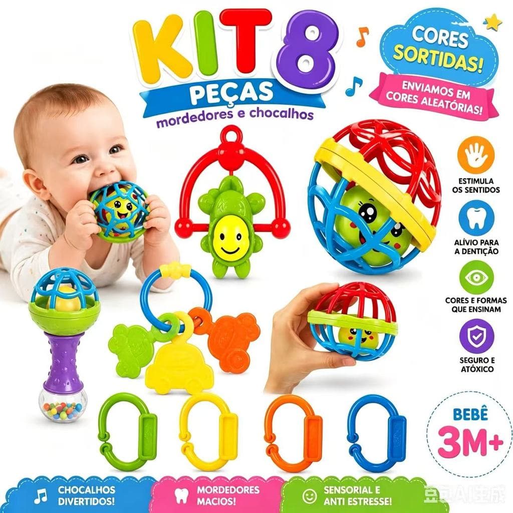 Popular Kit Mordedor para Bebê brinquedo Sensorial Silicone com Chocalho 2/4/8 Peças Coloridas