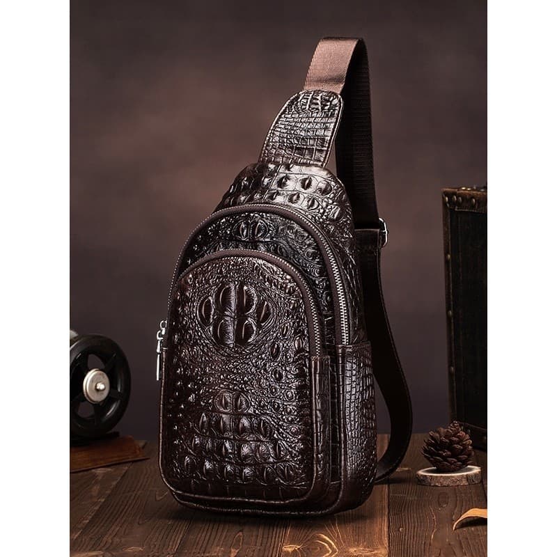 Lion Layton Crocodilo Padrão Masculino Bolsa de Peito de Couro Genuíno Primeira Camada de Couro Bolsa Mensageiro de Um O
