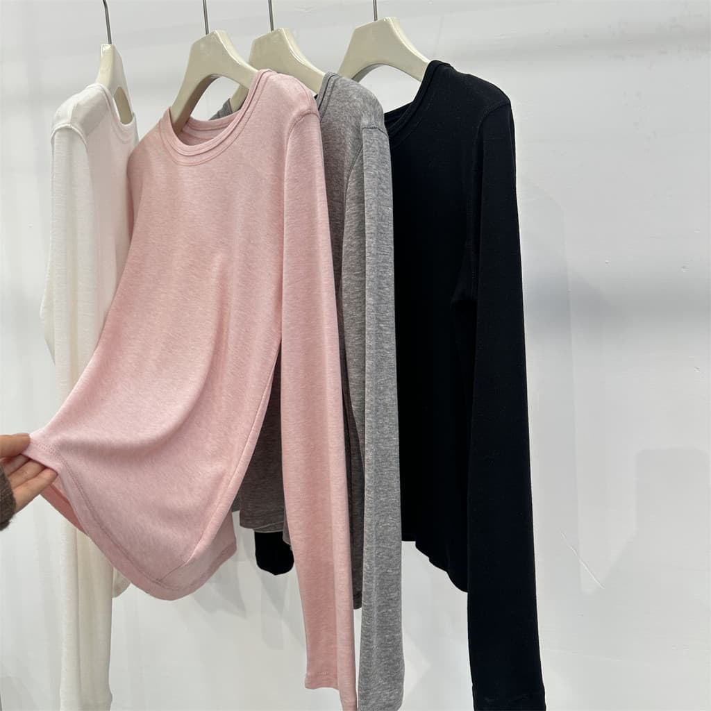 Tencel lã contendo cor sólida manga comprida camiseta feminina estilo fino 2026 nova primavera verão solto em torno do p