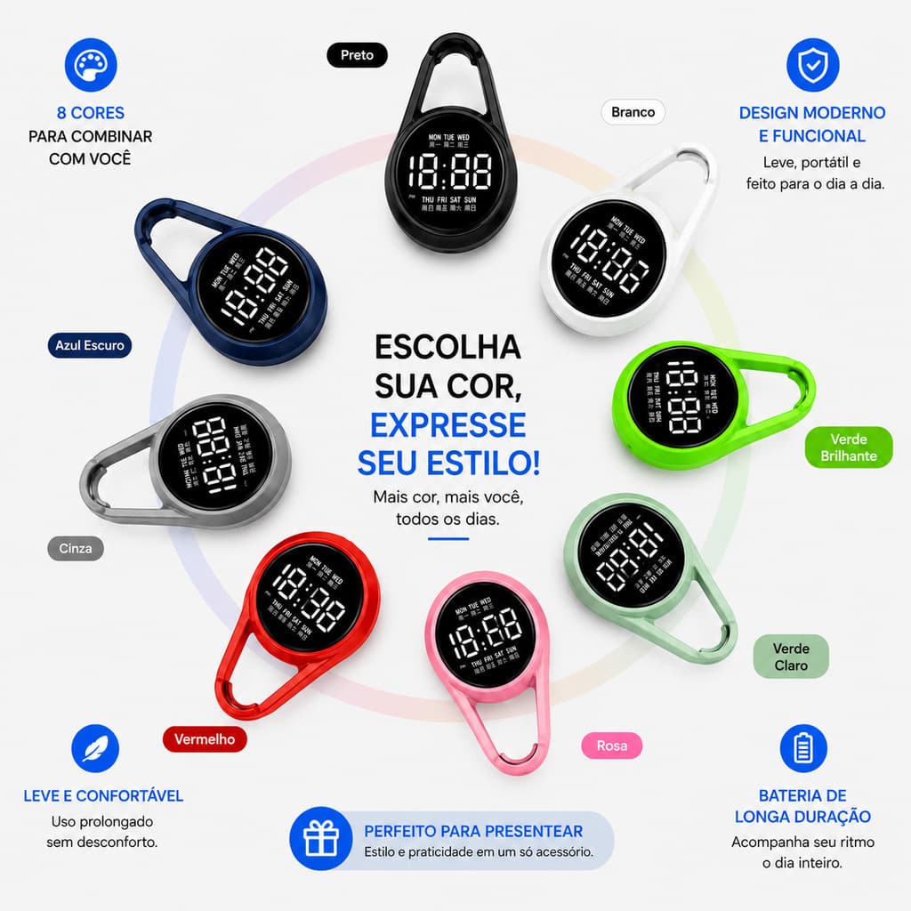 Mini Relógio de Gancho Clip LED com Calendário 8 Cores Disponíveis Resistente para Viagem Escola