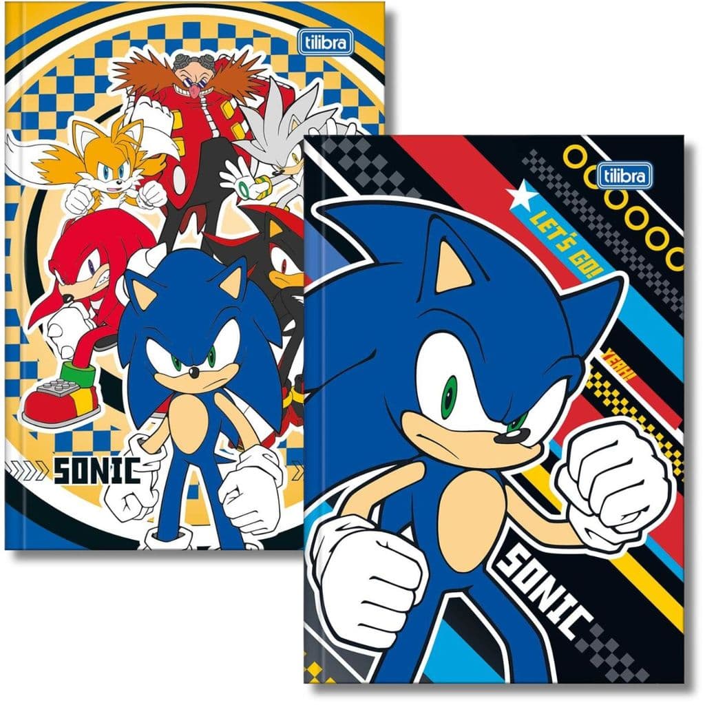 KIT 2 CADERNOS CAPA DURA BROCHURA 80 FOLHAS SONIC COM ADESIVOS PERSONALIZADOS USO ESCOLAR TILIBRA