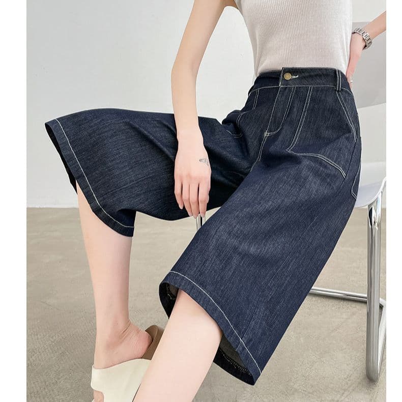 Tamanho grande estiramento recortado Jeans de perna larga feminino verão fino cintura alta solto mais magro olhar cortad