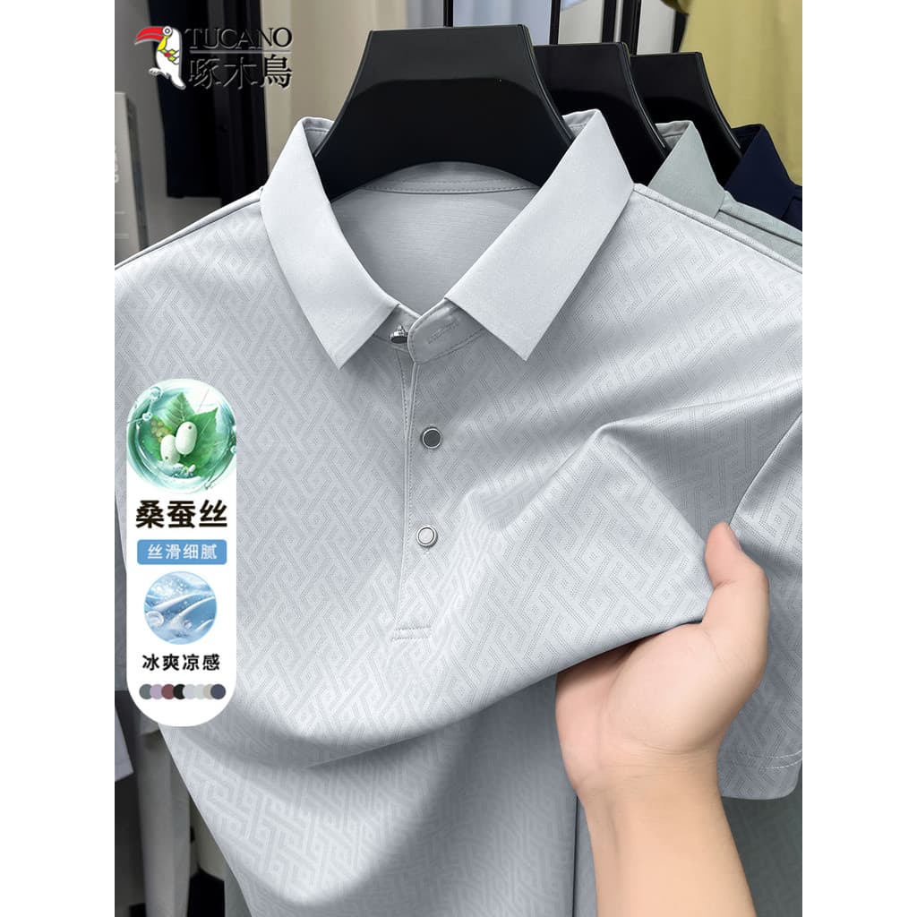Woodpecker masculino verão lapela camisa POLO amoreira seda macia pele-amigável manga curta camiseta solta pai