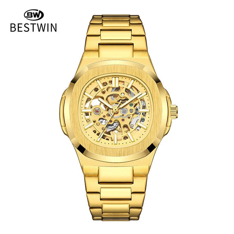 Relógio de Negócios Masculino Dourado Automático Mecânico à Prova d'Água com Design Oco 8BEK N5CK