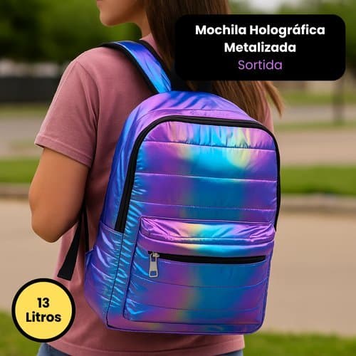 Mochila Holografica Metalizada Feminina Resistente Estilo Moderno Escolar Trabalho