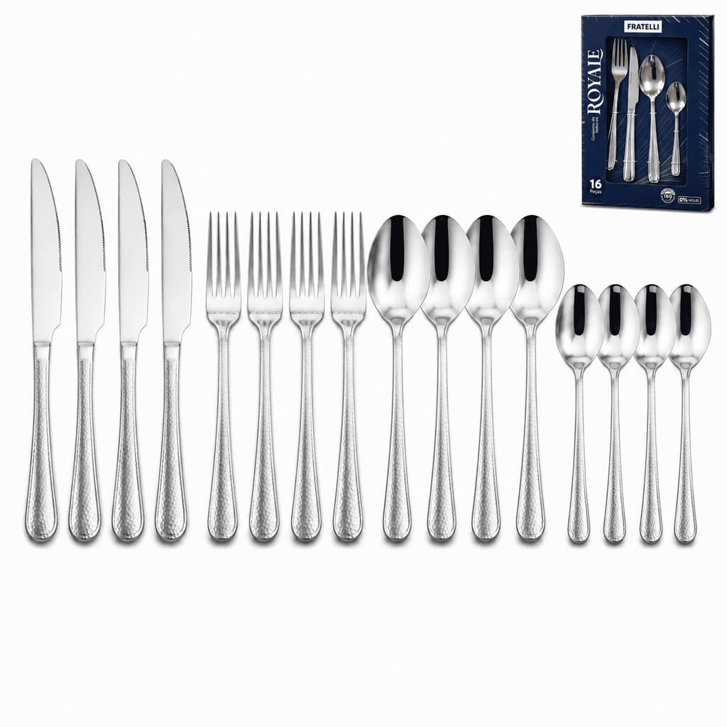 Conjunto de Talheres Inox 16 Peças Faqueiro Prata Garfo Faca Colher Mesa Posta Cabo Trabalhado Elegante