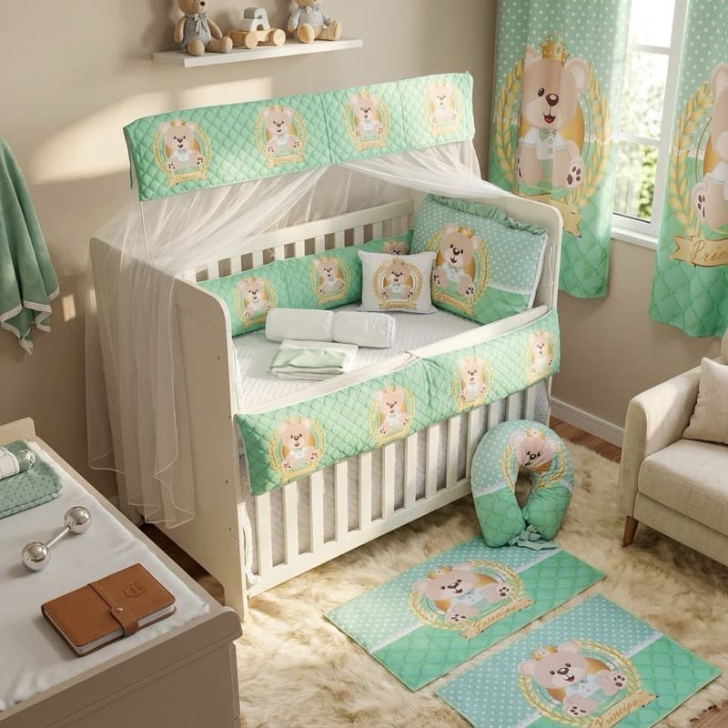 Kit de berço Padrão Americano Urso Principe Guerreiro Verde