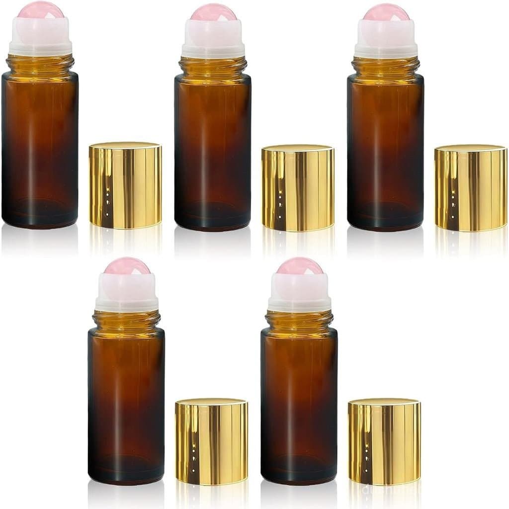 Conjunto de 5 Frascos de Vidro para Óleos Essenciais de 50ml, Frascos RollOn de Quartzo Rosa com Esferas Rolantes, à Pr