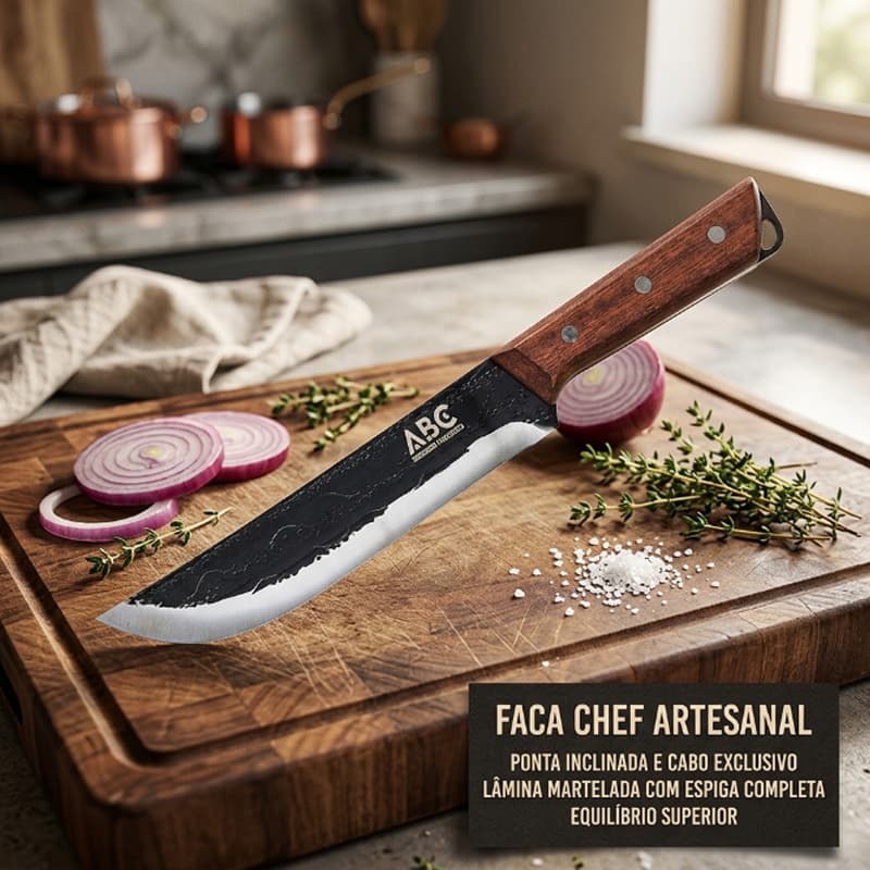 Faca Campeira Coreadeira Artesanal Pequena | Faca de Chef Ponta Oblíqua Cabo Inclinado Bainha Couro Envio Imediato