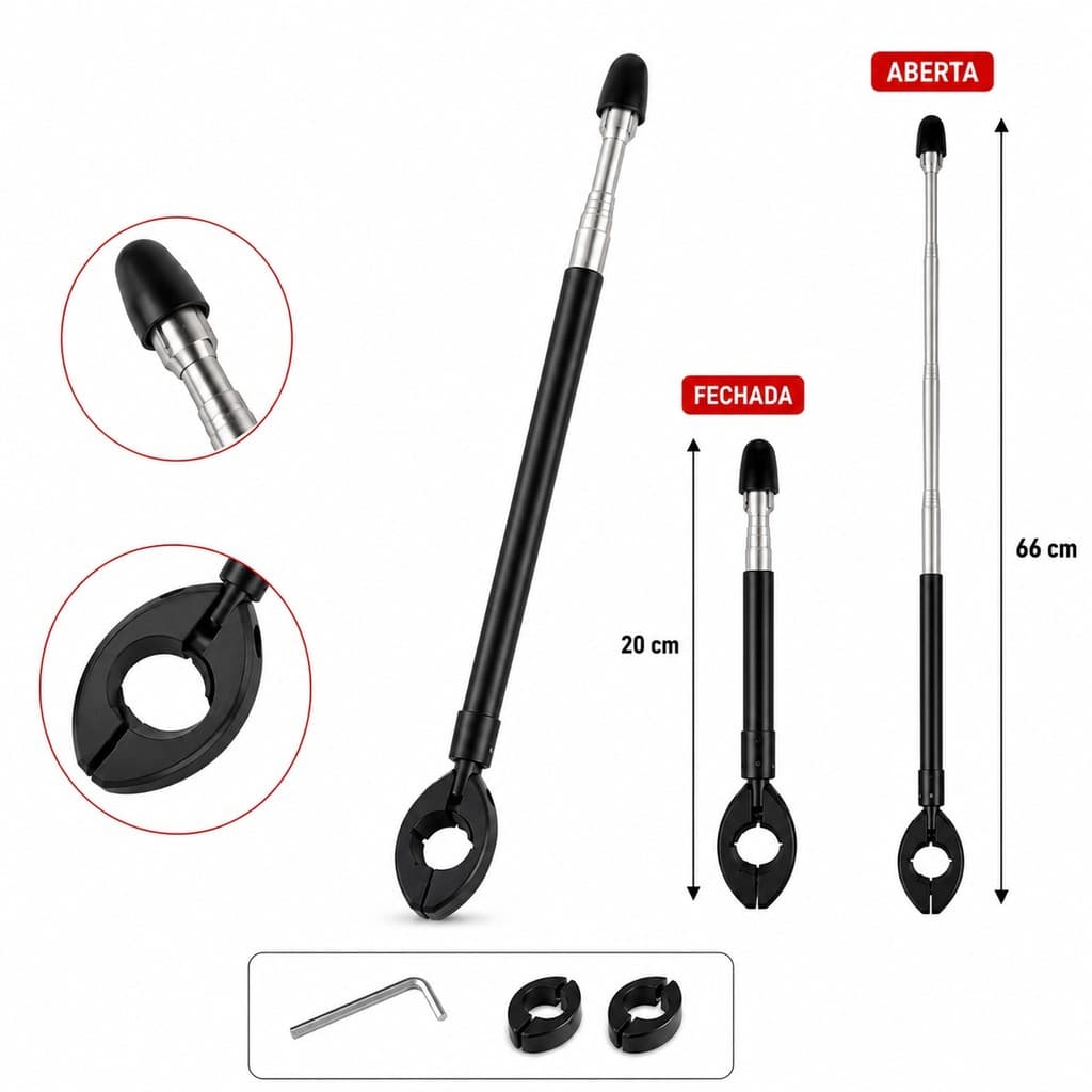 Antena de Moto Corta Linha de Pipa Retrátil 6 Estagios guidão Anti Cerol aço inox preta