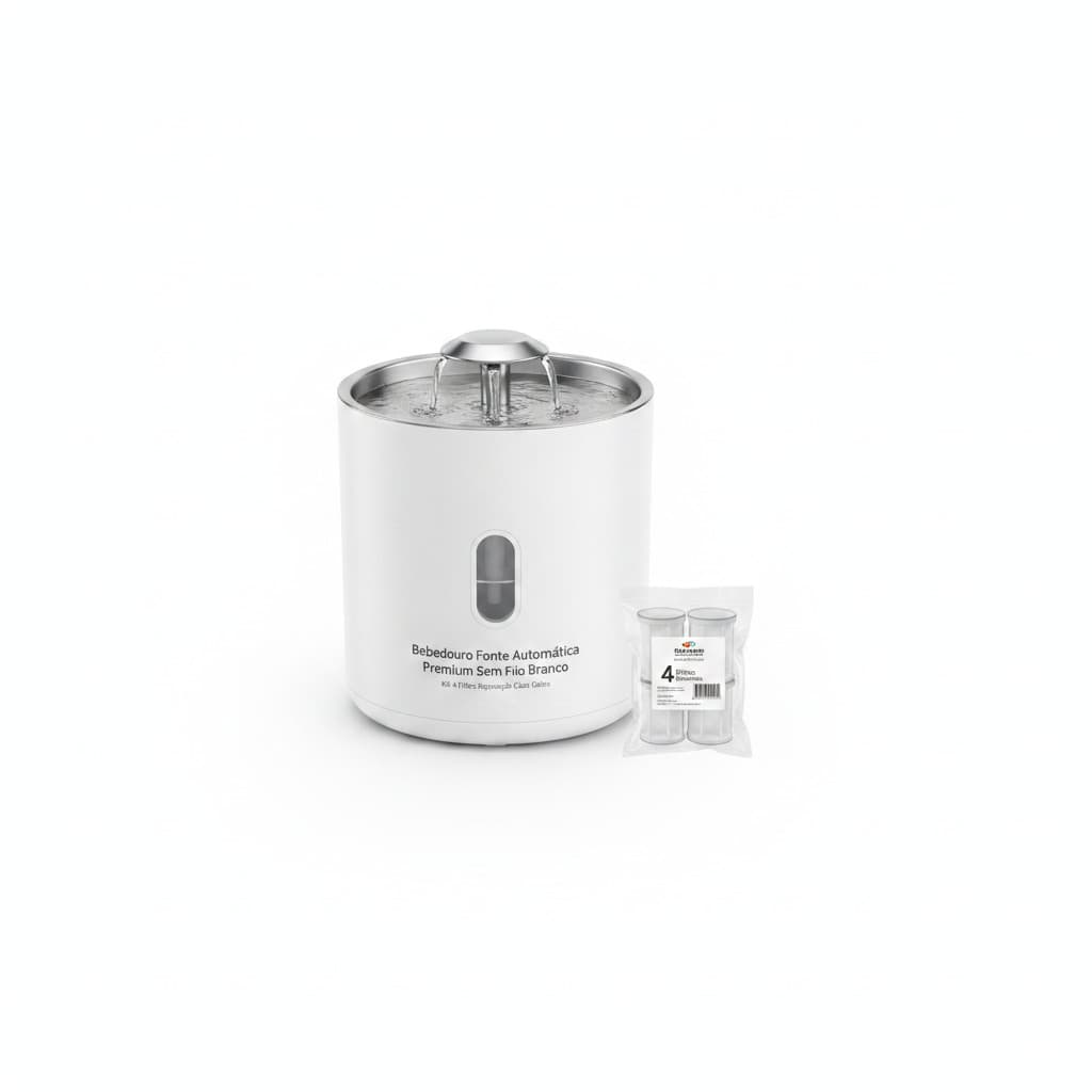 Bebedouro Fonte Automática Premium Inox Sem Fio Branco Kit 4 Filtros Reposição Cães Gatos