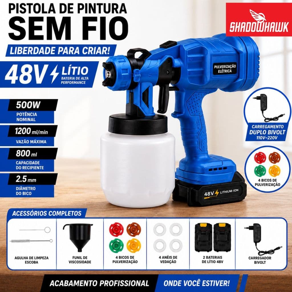 Pistola de Pintura Elétrica Sem Fio Shadowhawk 48V Duas Baterias Pulverização Profissional 1 Litro