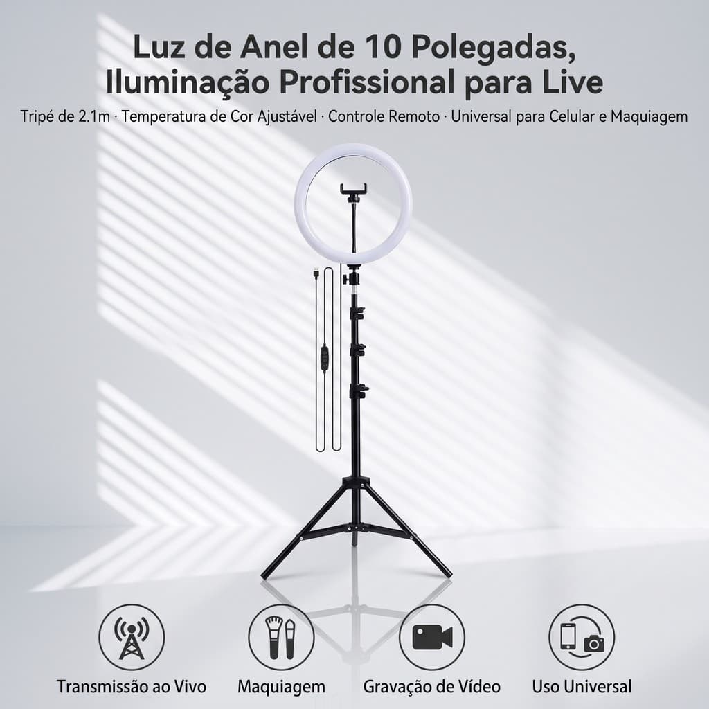 Hugo Ring Light 10 Polegadas com Tripé 2,10m – Iluminador LED Profissional para Estúdio, Live e Gravação