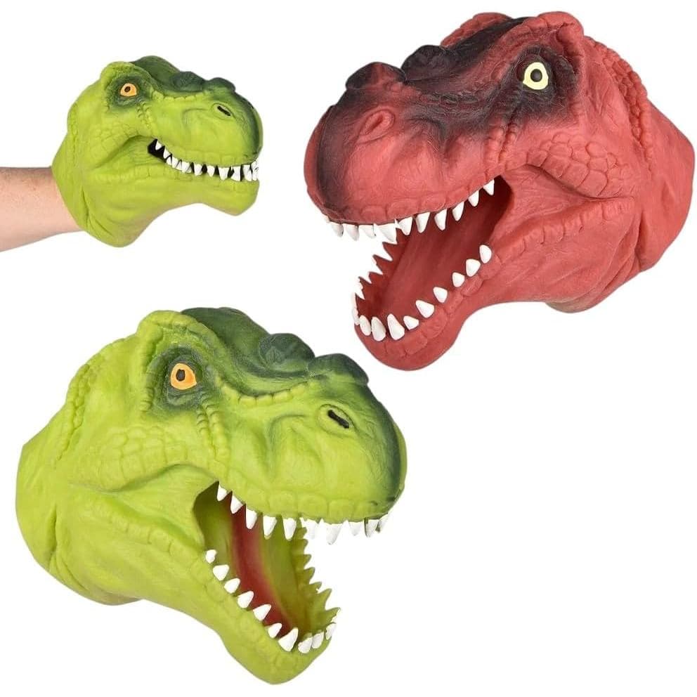 Conjunto de 2 Fantoches de Mão de Dinossauro Elásticos - Brinquedos Realistas de T-Rex, Borracha Macia Verde e Vermelha,