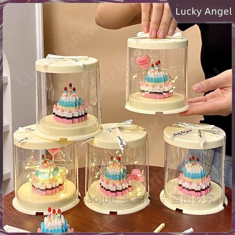 Mini bolo de aniversário feito à mão, bloco de construção diy, brinquedos educativos para crianças