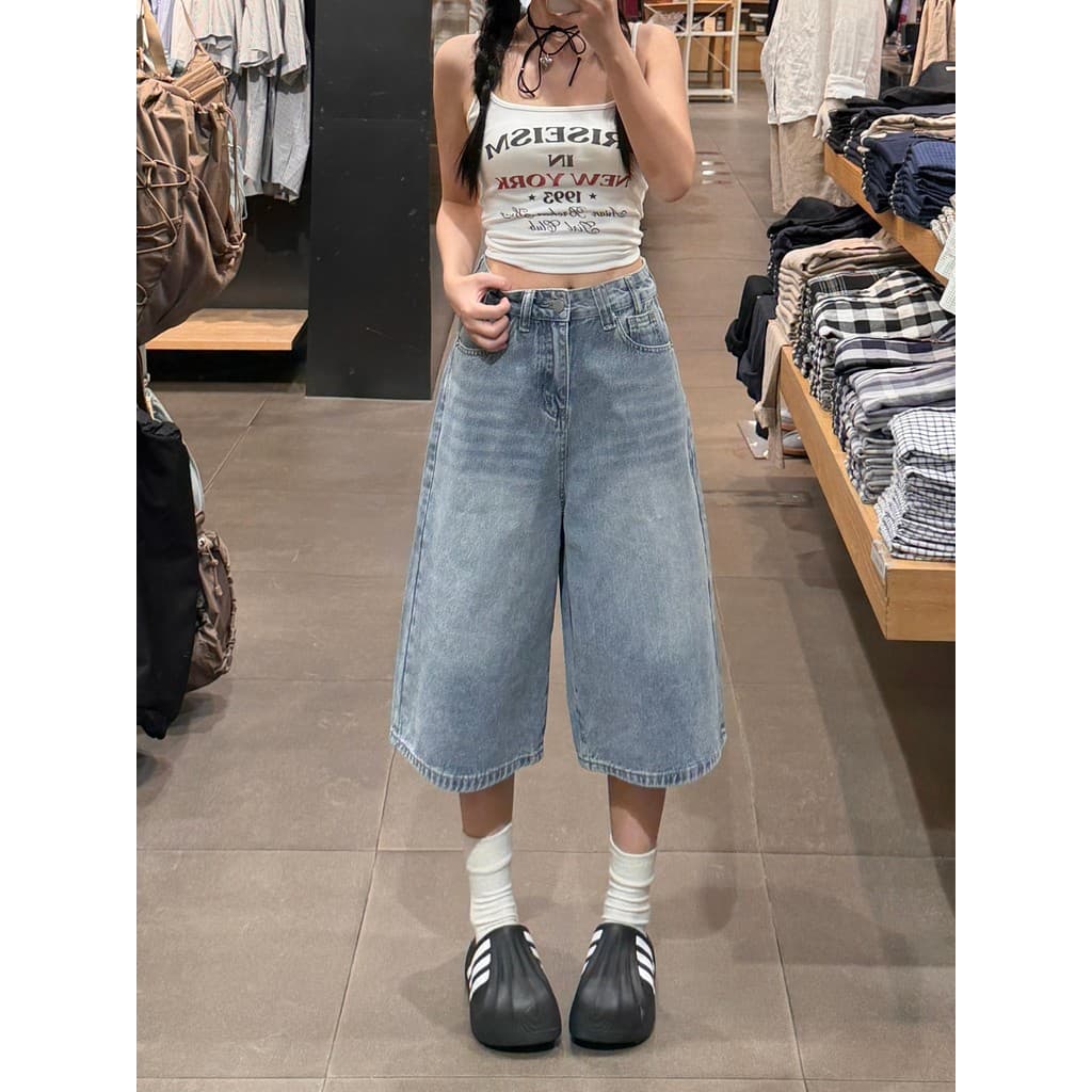 Tamanho grande Retro em linha reta perna larga cortada Jeans feminino verão estilo fino 2026 novo estilo cintura alta pe