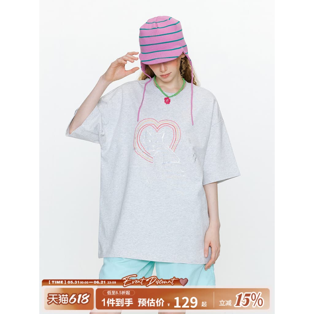 GUUUKA Street Wear flor damasco camiseta de manga curta feminina verão gato quente prata impressa meia manga Heav