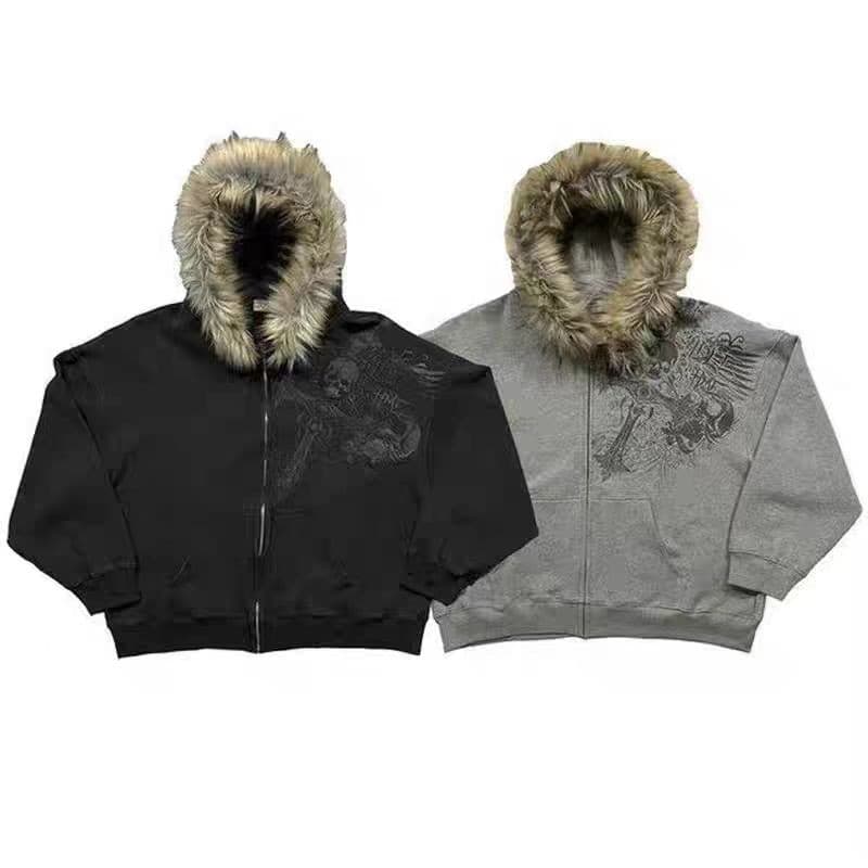 Y2k Retro Quente Cardigan Solto Inverno Moda Casual Versátil Gola De Couro Com Capuz Moletom Rua Crânio Impressão Zíper