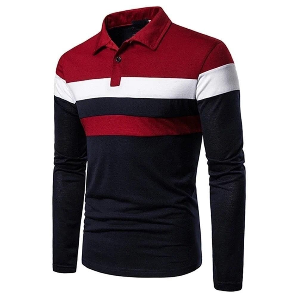 Camisa Polo Nova Primavera para Homens Manga Longa Moda Esportiva Casual Listrada com Gola Longa Roupas Masculinas H6K3