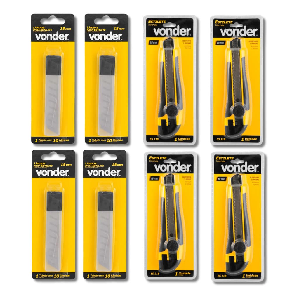Kit 4 Estiletes 18 mm E 4 Lâminas Estilete 18mm Vonder