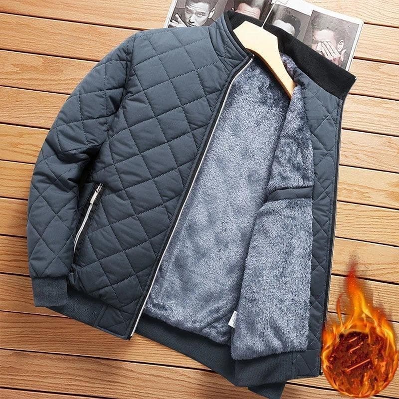 Jaqueta de Outono Inverno Masculina com Padrão de Diamante, Forrada com Fleece, Jaqueta Casual Masculina, Moda Masculina