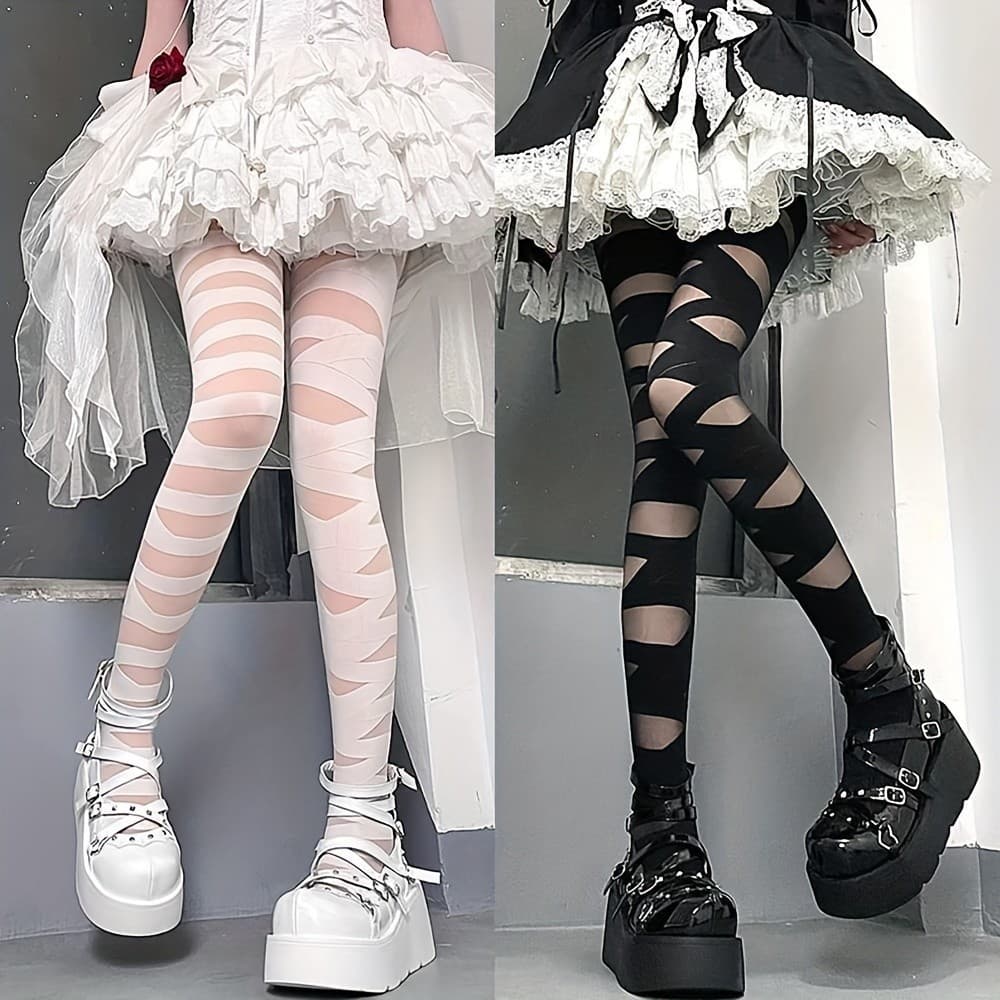 2 Pares de Meias-Calças com Faixas Cruzadas, Design Gótico Punk para Cosplay, Meias-Calças Justas, Meias e Artigos de Ve