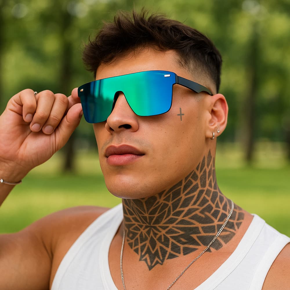 Óculos de Sol Esportivo Visor – Lente Espelhada Azul Verde UV400 | Estilo Urbano