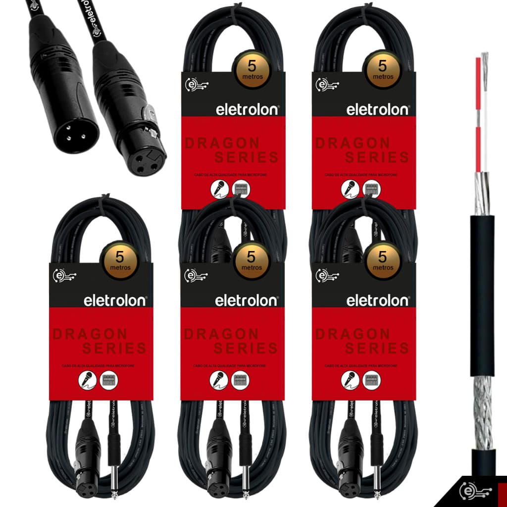 Kit 5 Cabo De Microfone P10 Mono Para Xlr Fêmea 10m Metros - Eletrolon