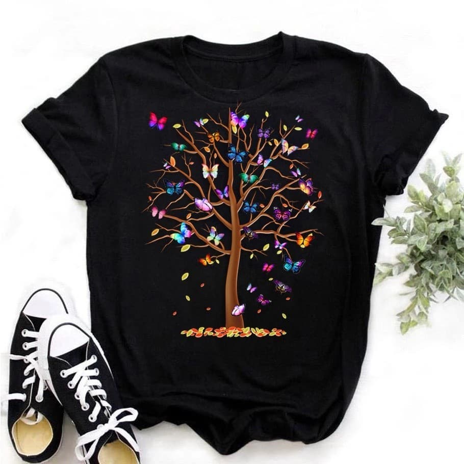 Camiseta Preta De Algodão Feminina Camisa De Borboleta Estampada Manga Curta De Verão
