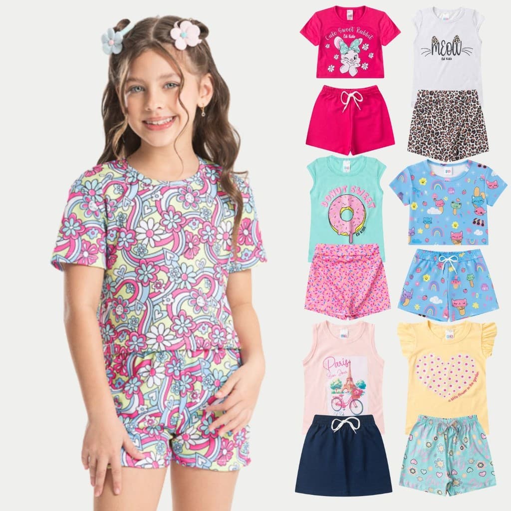 Kit 10 Peças de Roupas Infantis Feminino Verão Atacado = 5 Blusas + 5 Bermudas