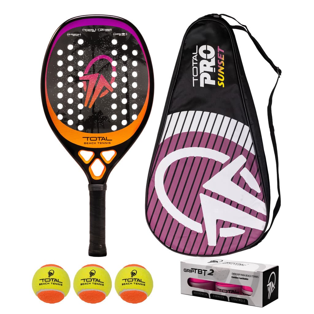 Kit Raquete Beach Tennis Carbono 12k Total Pro Sunset + 3 Bolas + 3 Grips + Fita + Capa