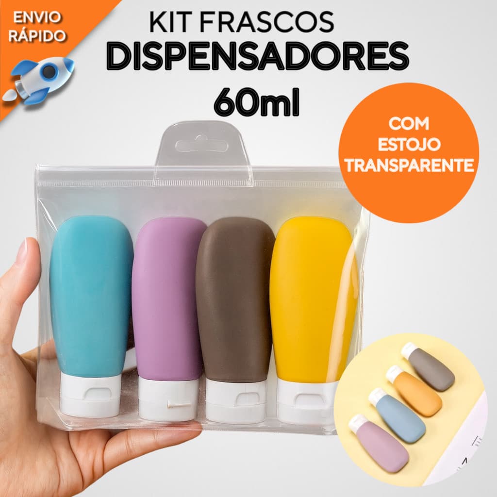 Kit 4 Frascos 60ML Plástico Com Estojo Transparente Útil Para Viagens Dispensador