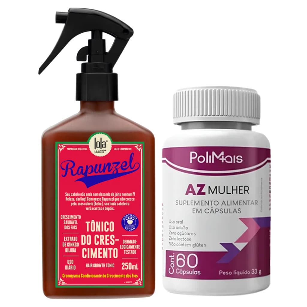 Kit Crescimento Capilar: Tônico Rapunzel + Polimais Mulher 60 Cápsulas