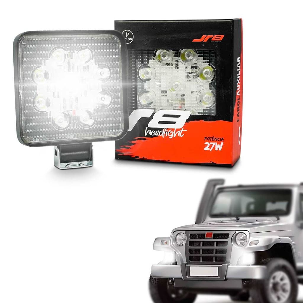 Farol Auxiliar Quadrado com 9 LEDs  27W 12V 24V Universal