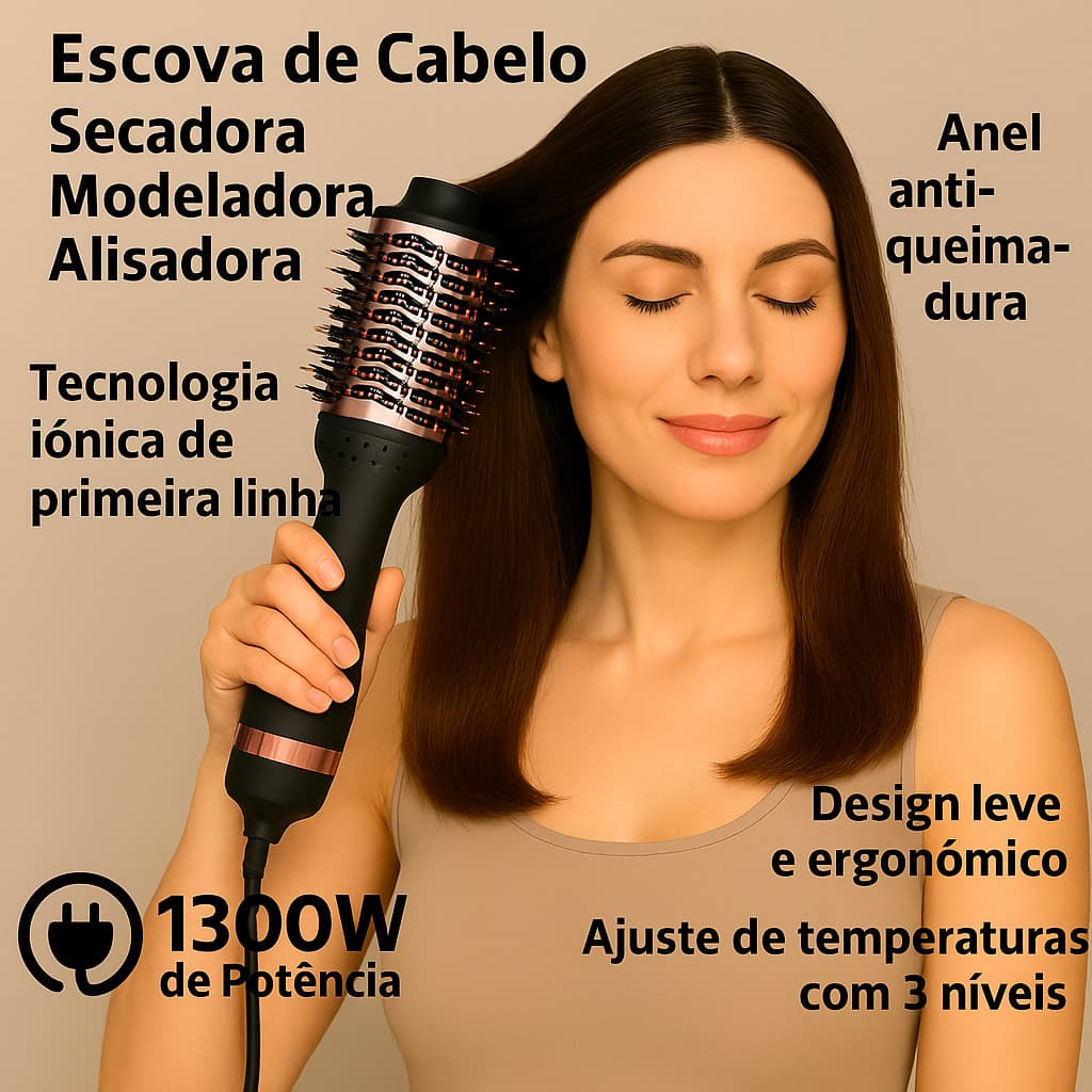 Escova Modeladora Secadora Cabelo Profissional Bivolt Tecnologia 1300w