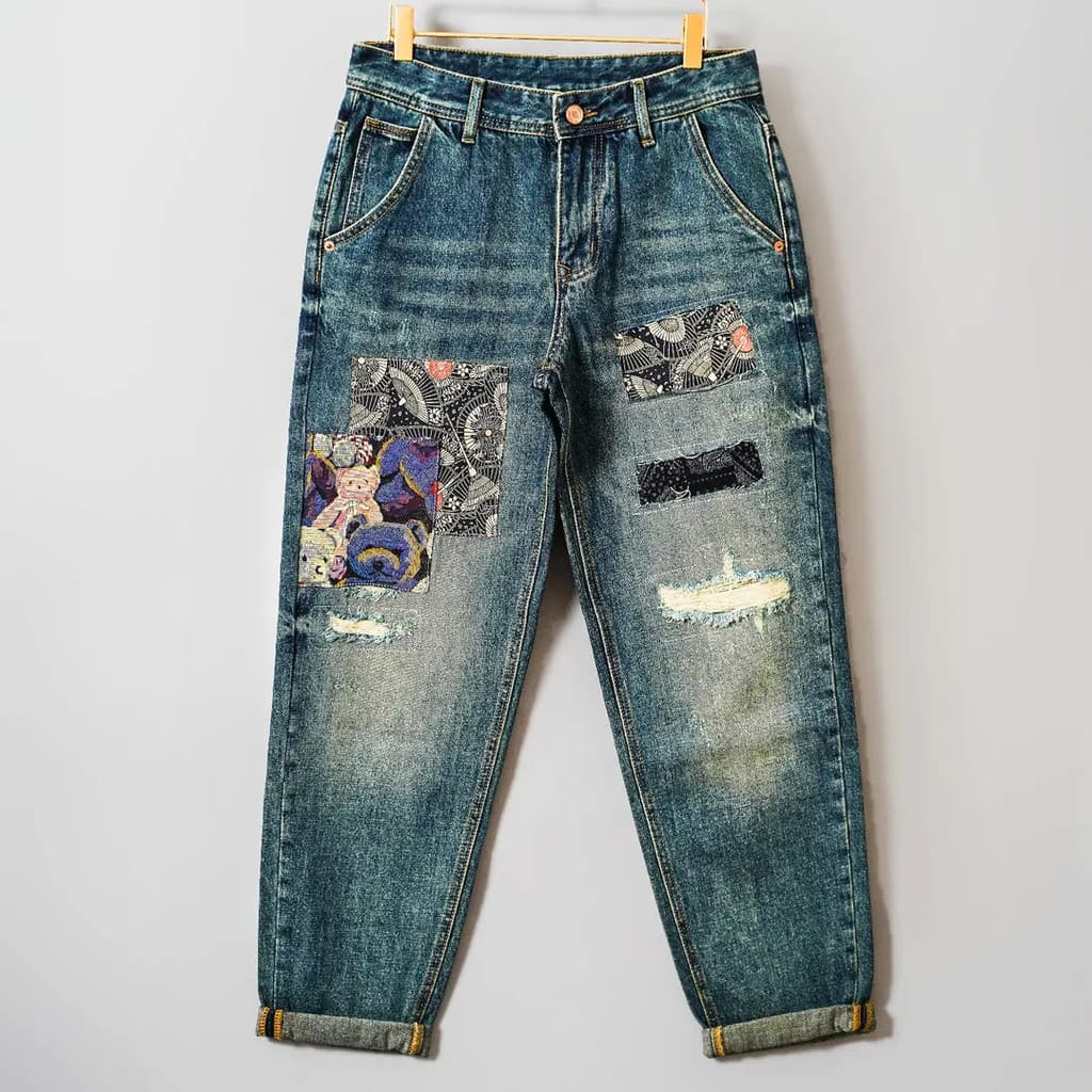 Street Wear calças rasgadas dos homens primavera outono fino-ajuste verão pequeno em linha reta mendigo remendo Retro ca