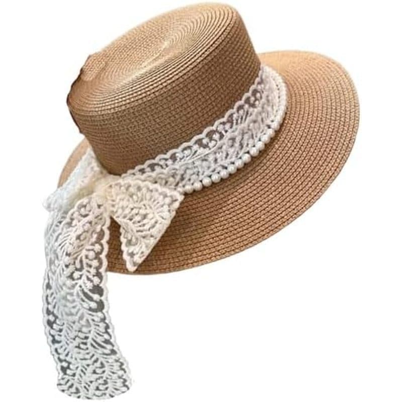 Boné Feminino De Palha De Verão Praia Laço Top Plano Fedora Aba Larga Chapéu De Pérola
