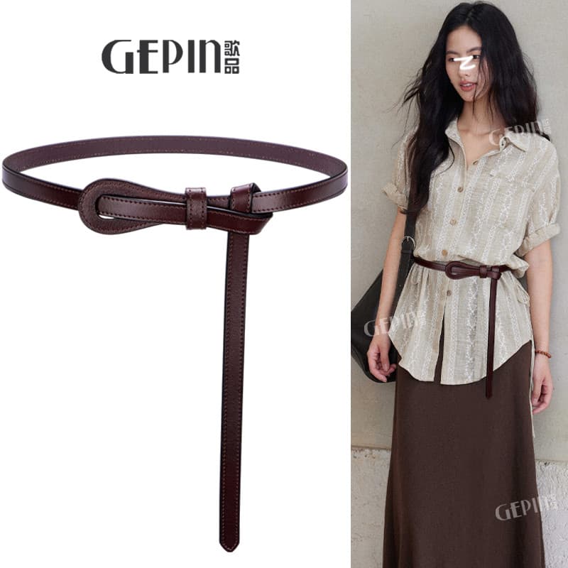 Cinto fino decorativo com nó de couro genuíno, sem perfuração, Design de nicho feminino, vestido suéter combinando, cint