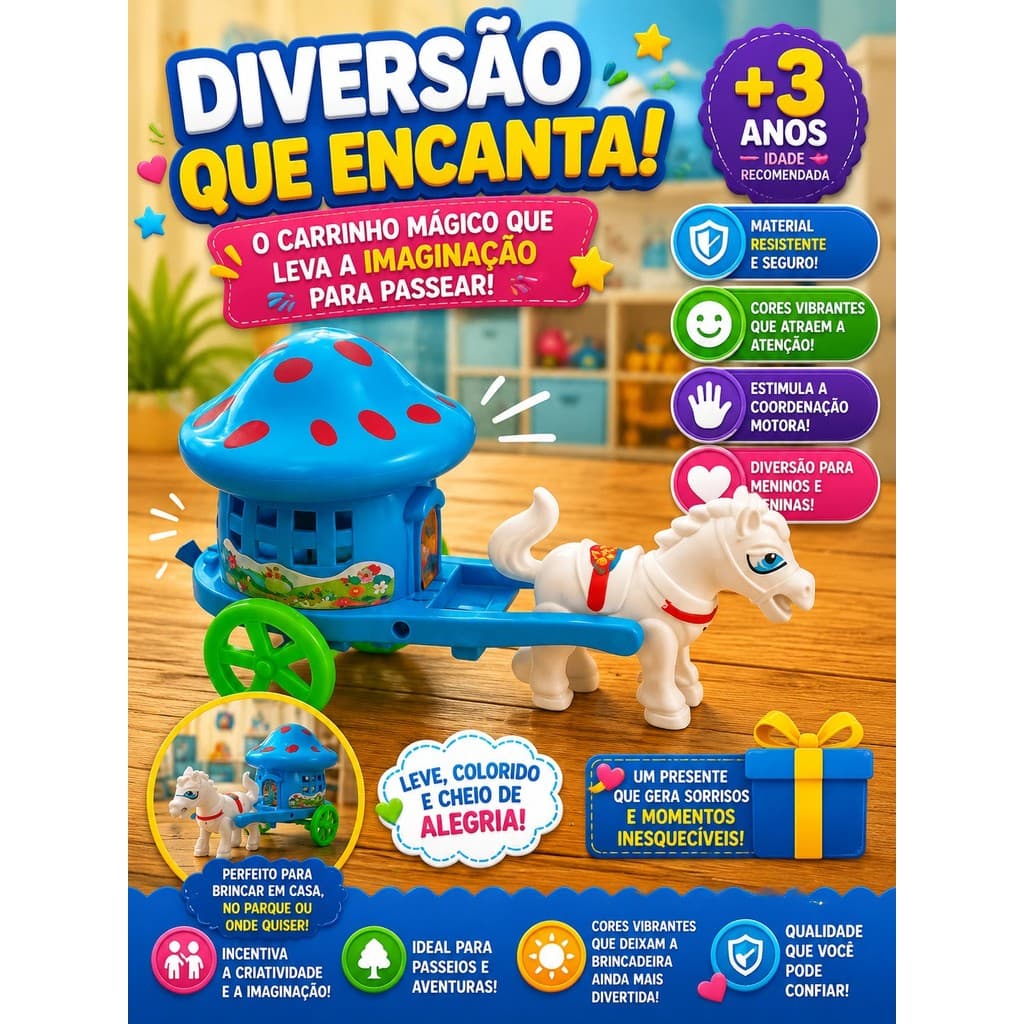 Brinquedo Infantil Carruagem com Cavalinho e Casinha de Cogumelo Colorida +3 Anos