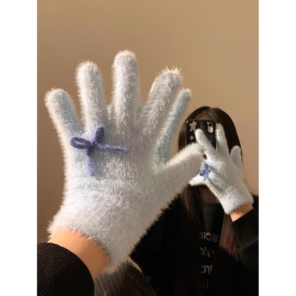Bonito arco azul pelúcia malha luvas de cinco dedos feminino inverno calor forro de lã grosso à prova de frio ciclismo p