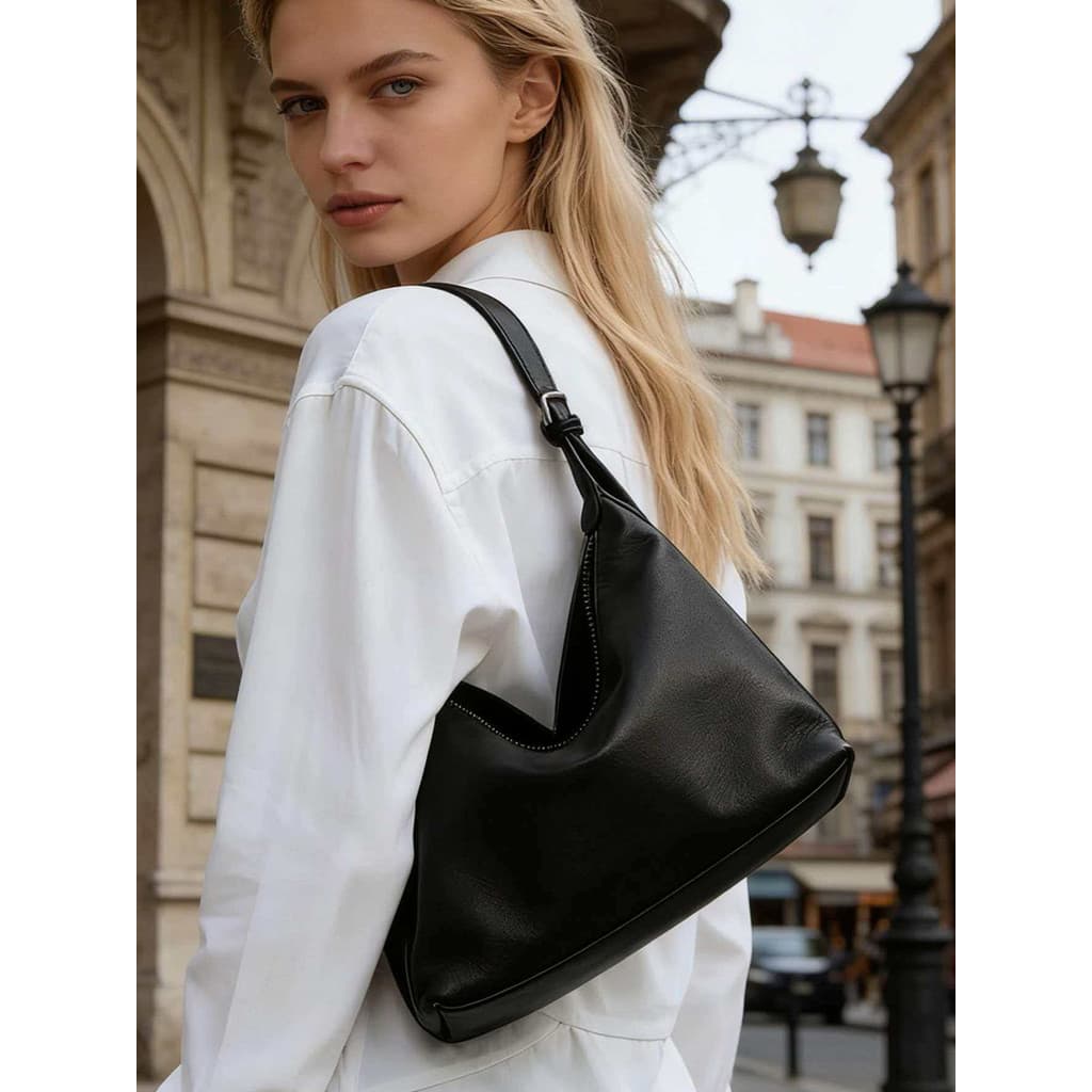 Saco 2026 novo estilo saco estilo minimalista couro macio balde saco axilas feminino preto grande capacidade ombro saco