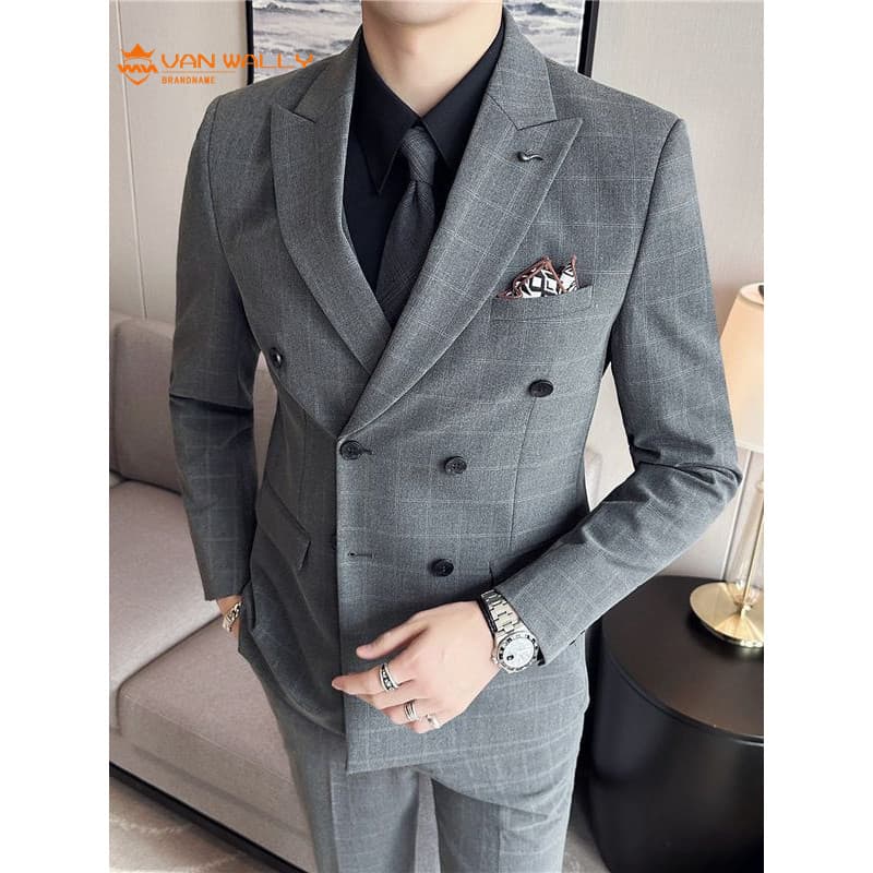 Outono novo estilo masculino Casual xadrez terno broche decoração estilo britânico masculino duplo Breasted vestido de n