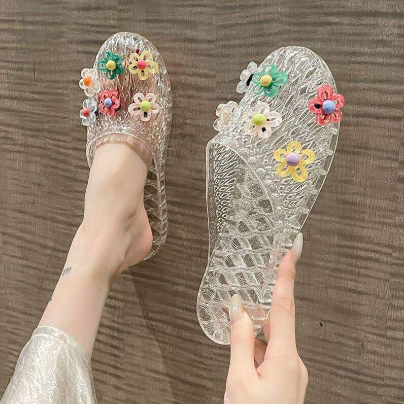 Sapatos de cristal geléia meia chinelos exterior Toe-coberto sapatos de sola plana chinelos transparentes 2025 sapatos f
