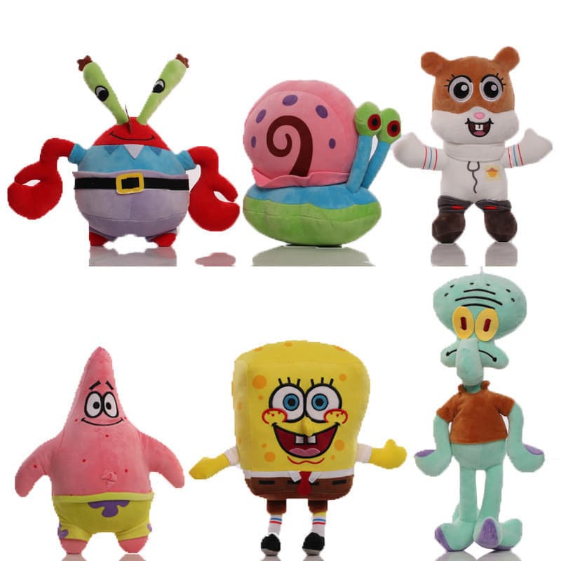 Brinquedo de pelúcia do Bob Esponja, bonecos do Patrick Estrela e do Capitão Eugene, personagens de desenhos animados pa