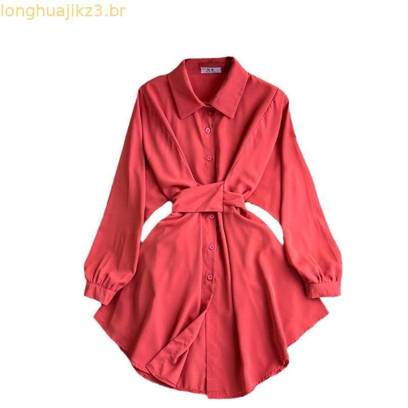 Moda Feminina Vintage Coreano De Manga Longa Pólo Alta Cintura Csa De Linha A De Peito Simples Vestido De Primavera/Ver