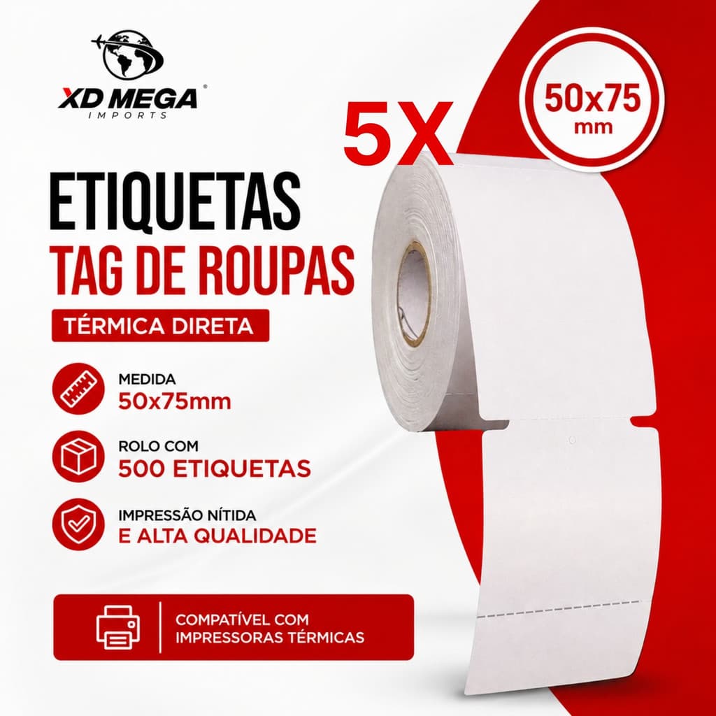 5 rolos Tag  50x75 Para Roupa Térmica Não Usa Ribbon
